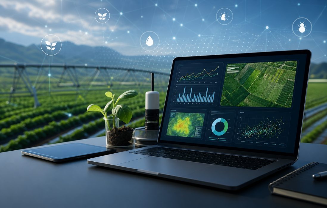 Tablero de analítica agrícola con mapas y métricas