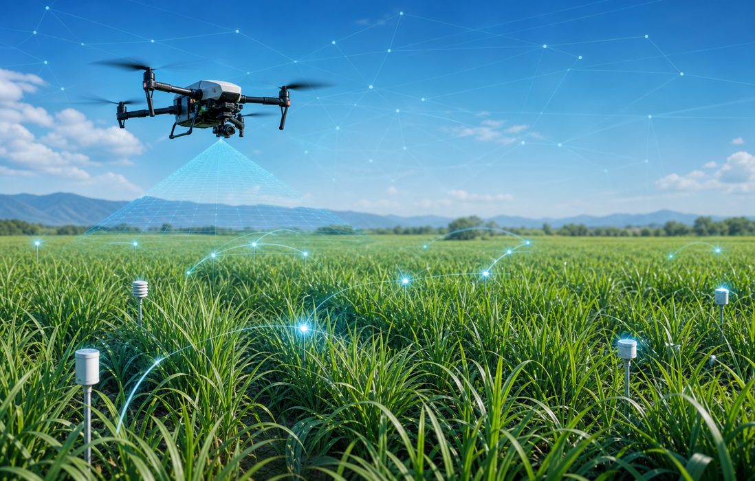 Dron monitoreando un cultivo conectado con sensores